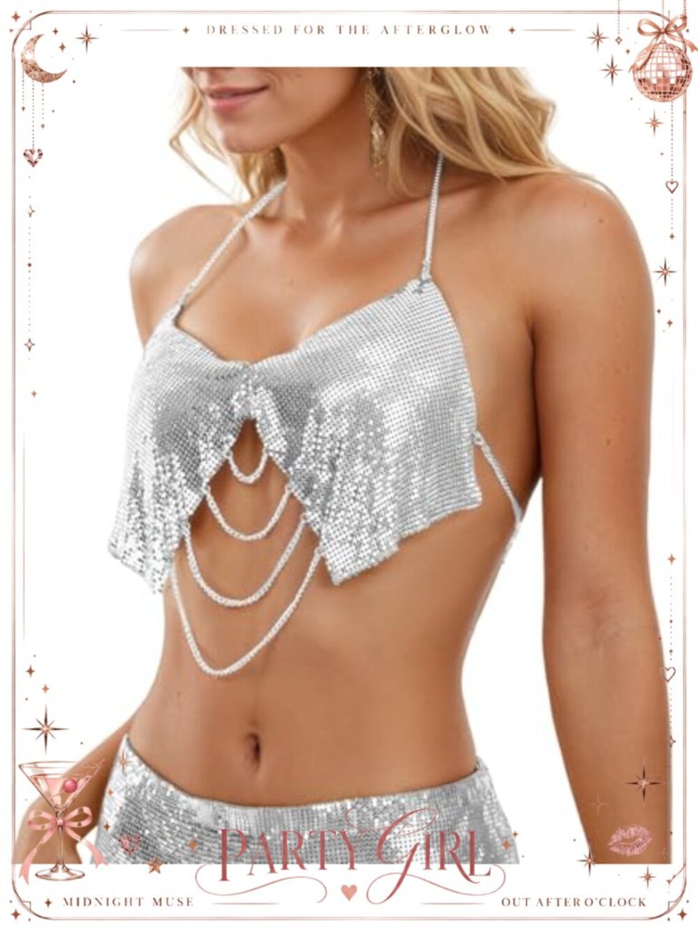 Sequin Metal Halter Crop Tank Top Festival Party Rave Body Chain